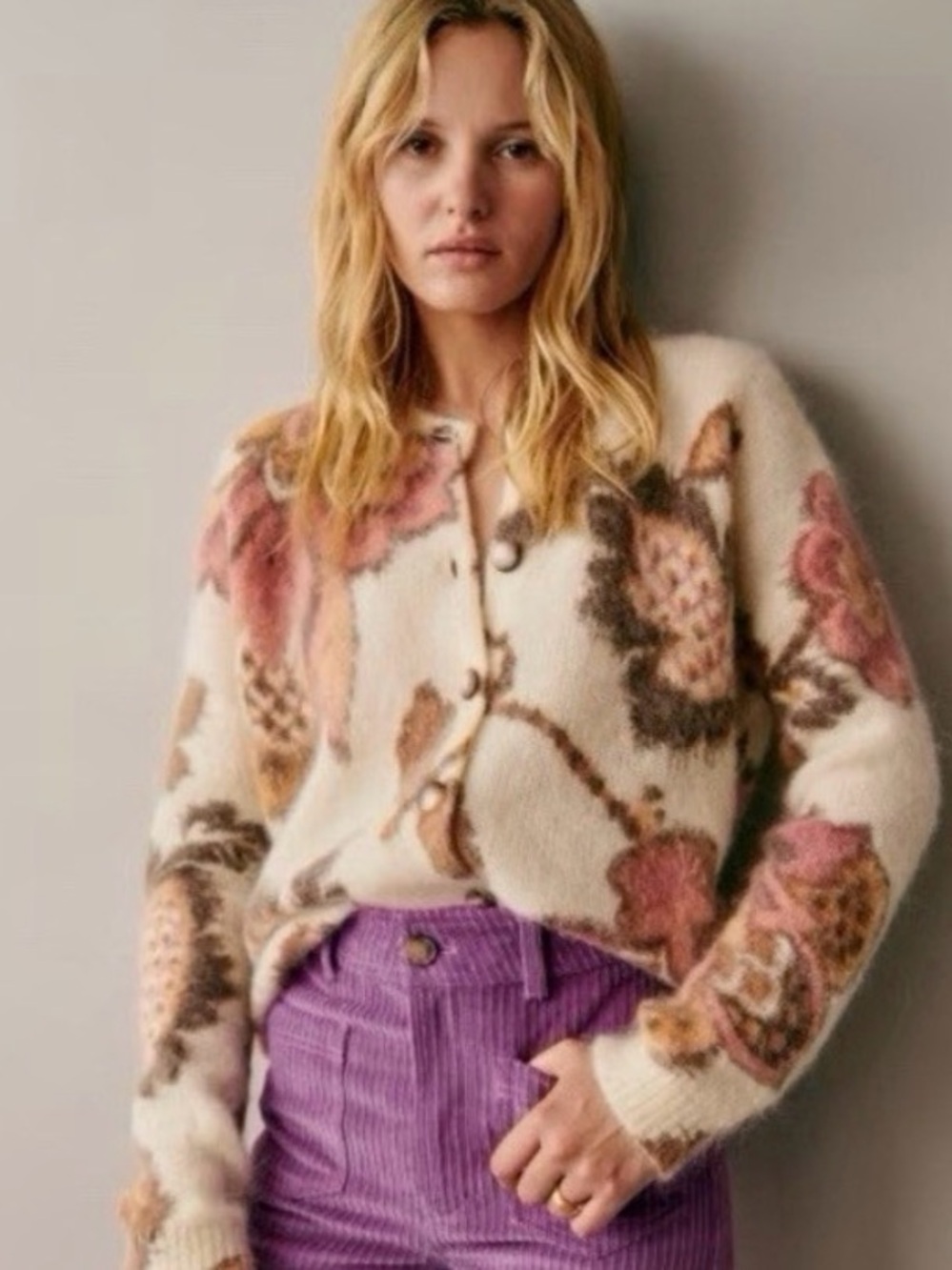 Sézane Manea Merveille Floral Jacquard Mohair Button Cardigan Cream Brown S Cozy